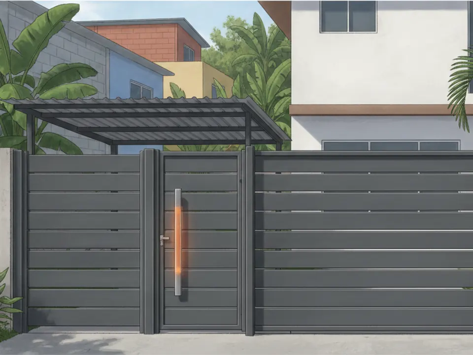 Ilustración de un portón corredizo moderno de tubo horizontal gris con puerta peatonal incluida
