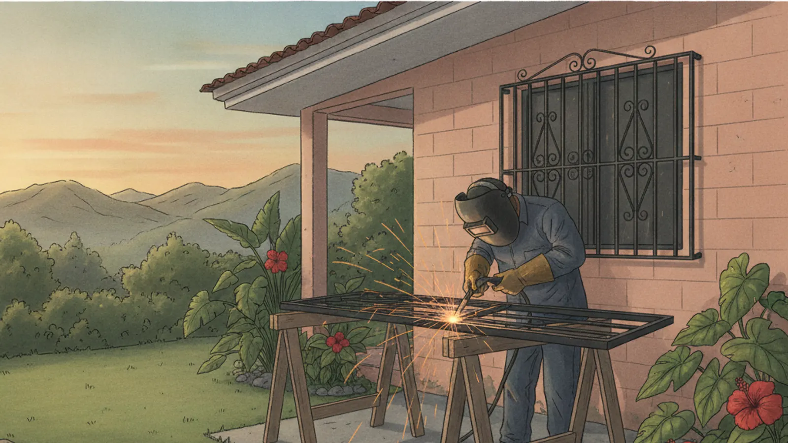 Ilustración de un soldador con careta soldando el marco de un portón frente a una casa con verja de hierro