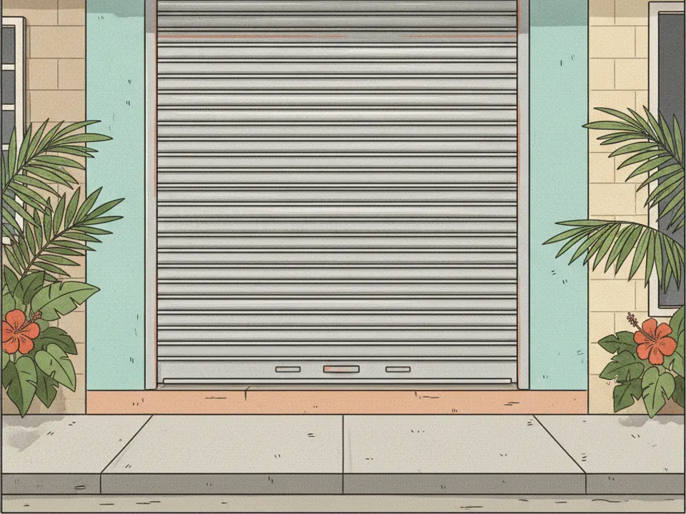 Ilustración de un local comercial con cortina metálica enrollable a medio subir