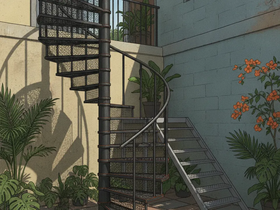 Ilustración de una escalera de caracol metálica negra y una escalera recta de metal en el patio de una casa