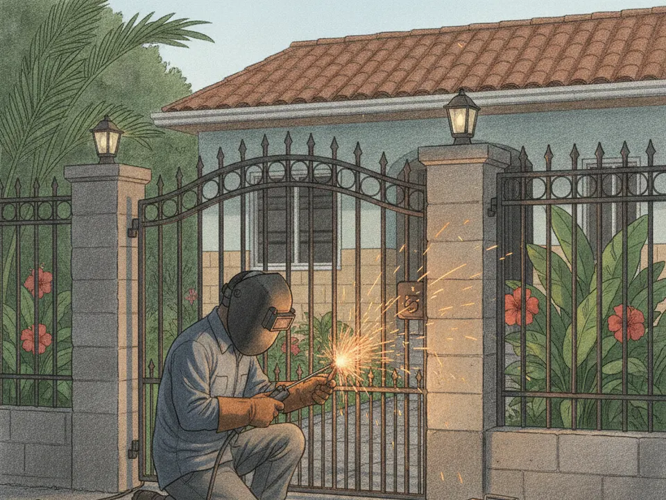 Ilustración de un soldador con careta reparando la bisagra de un portón de hierro frente a una casa