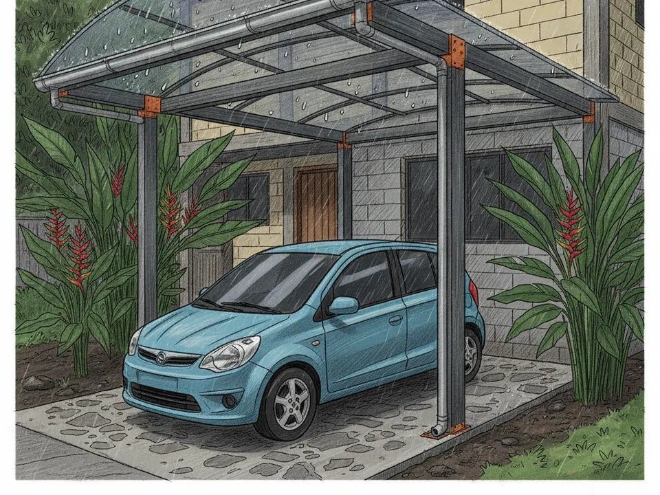 Ilustración de una cochera con techo de policarbonato translúcido sobre estructura de metal y un carro estacionado