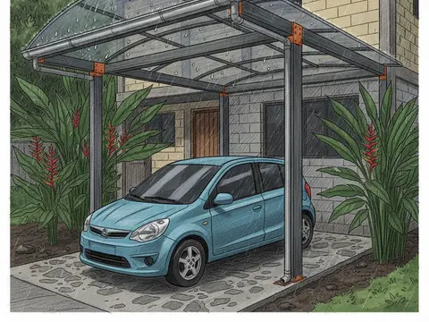 Ilustración de una cochera con techo de policarbonato translúcido sobre estructura de metal y un carro estacionado