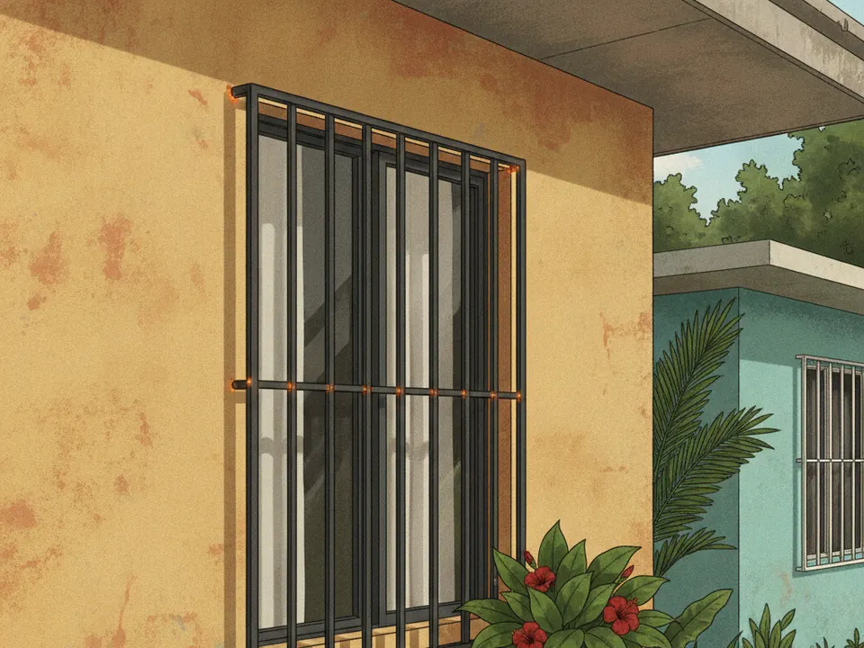 Ilustración de una ventana de casa con una verja de hierro negra de barrotes rectos